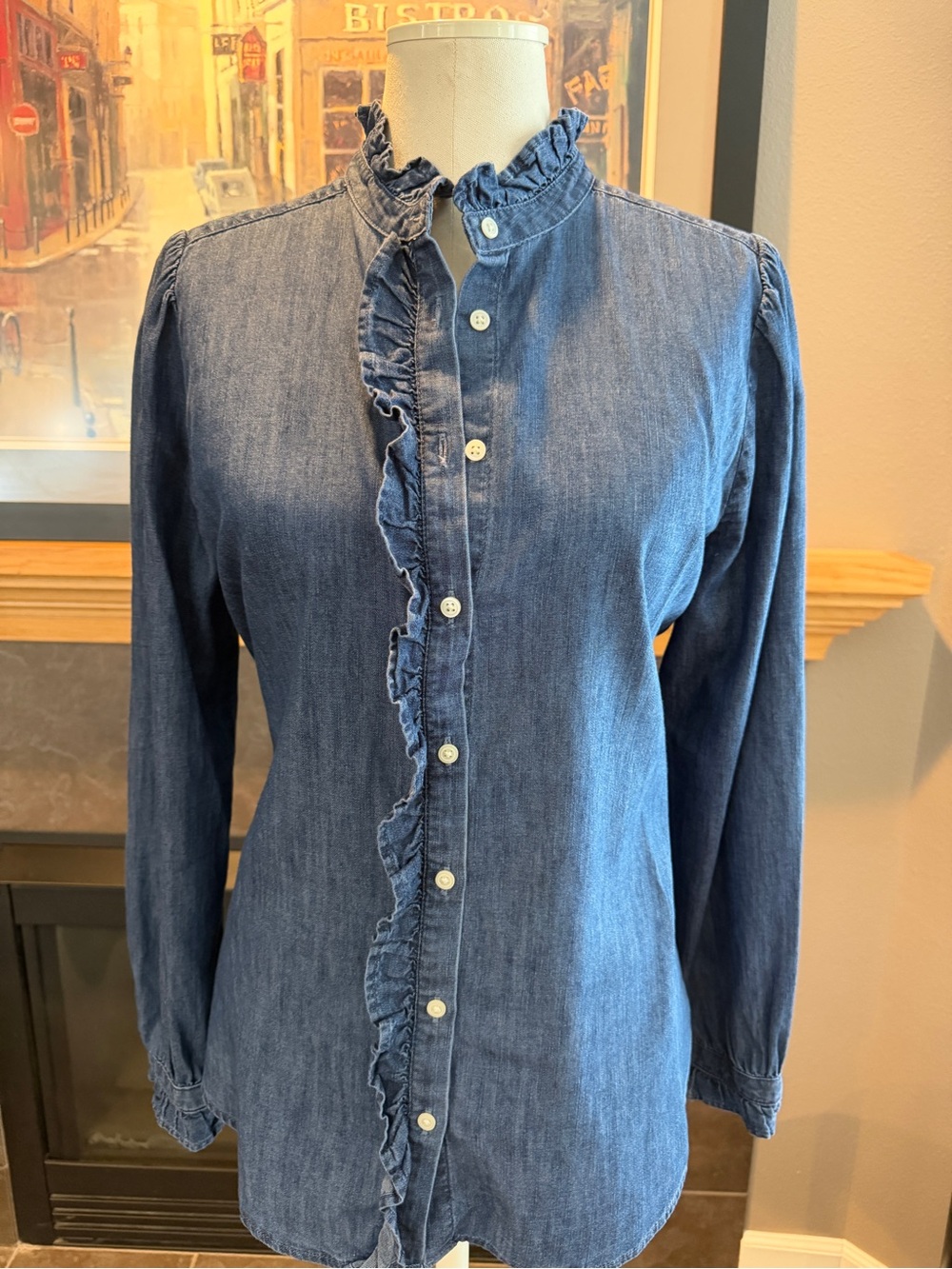 Ruffle-Front Loft Denim Button-Up Shirt - Blue